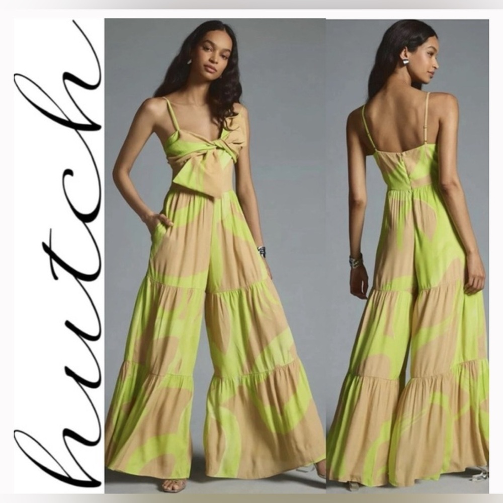 Hutch for Anthropologie Bow Front Wide Leg Jumpsuit tan/lime green sz 6